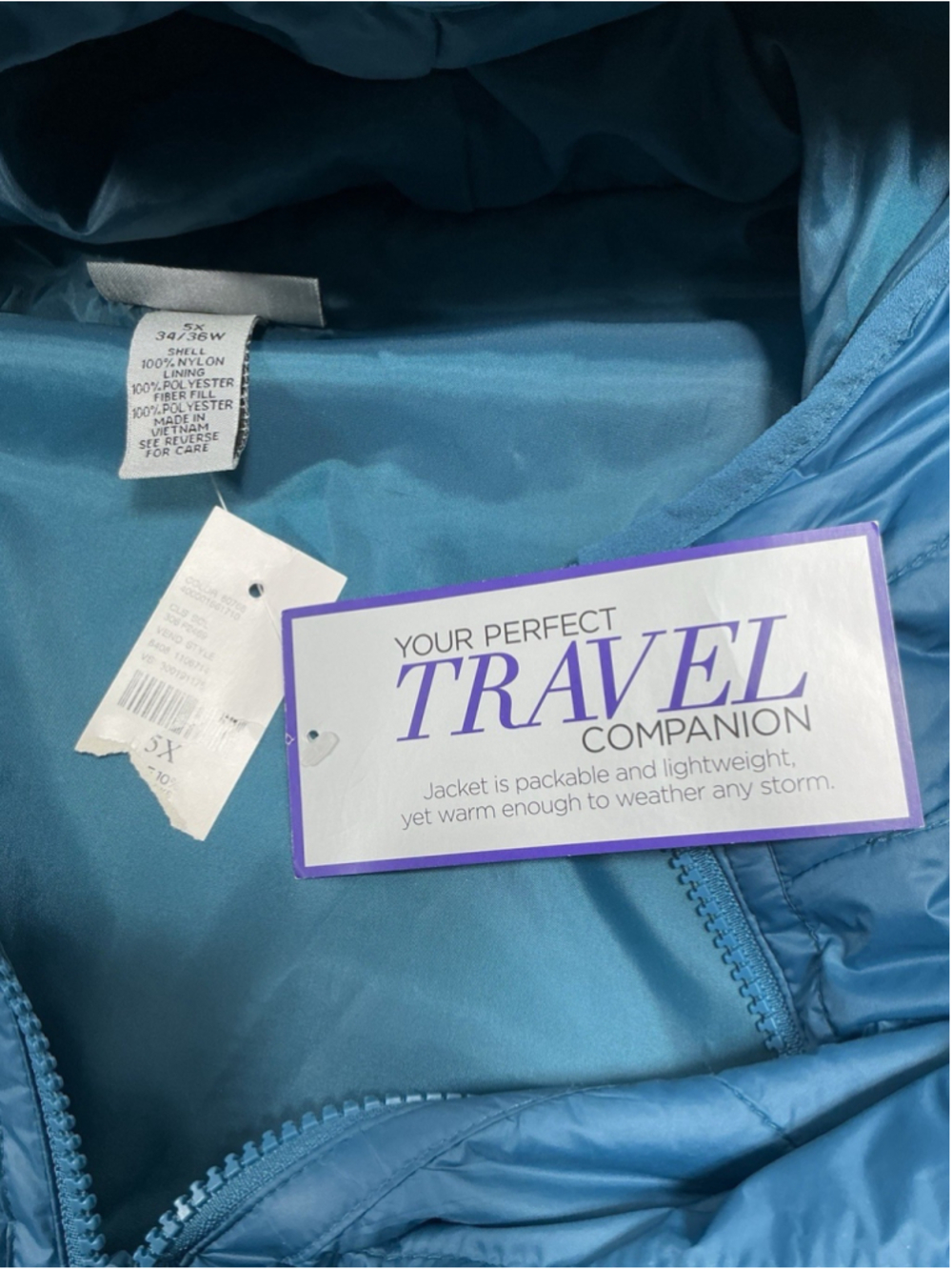 Womans NWT Catherines Packable Light Weight Hooded Jacket 5X Blue - Picture 3 of 6